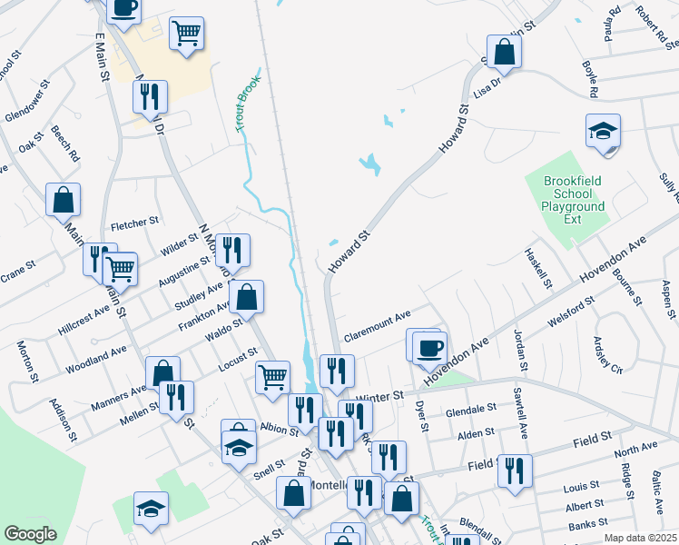 map of restaurants, bars, coffee shops, grocery stores, and more near 279 Howard Street in Brockton