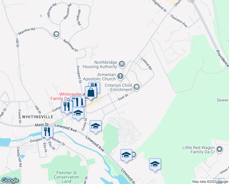 map of restaurants, bars, coffee shops, grocery stores, and more near 268 Church Street in Northbridge