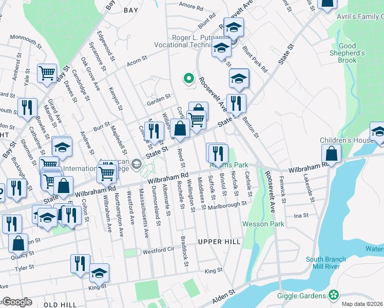 map of restaurants, bars, coffee shops, grocery stores, and more near 24 Dresden Street in Springfield