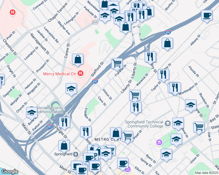 map of restaurants, bars, coffee shops, grocery stores, and more near 38-40 Webster Street in Springfield
