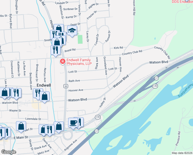 map of restaurants, bars, coffee shops, grocery stores, and more near 3653 Rath Avenue in Endicott