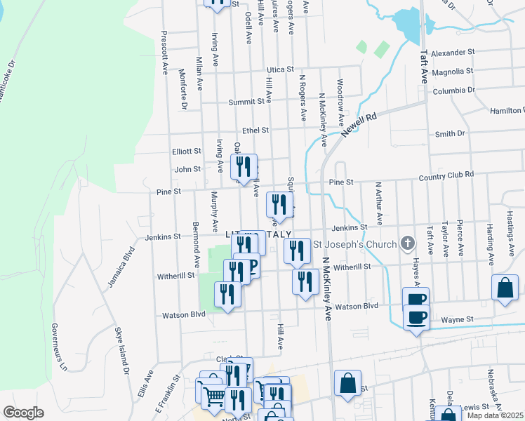 map of restaurants, bars, coffee shops, grocery stores, and more near 319 Hill Avenue in Endicott
