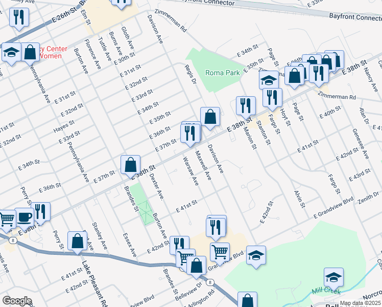 map of restaurants, bars, coffee shops, grocery stores, and more near 3804 Maxwell Avenue in Erie
