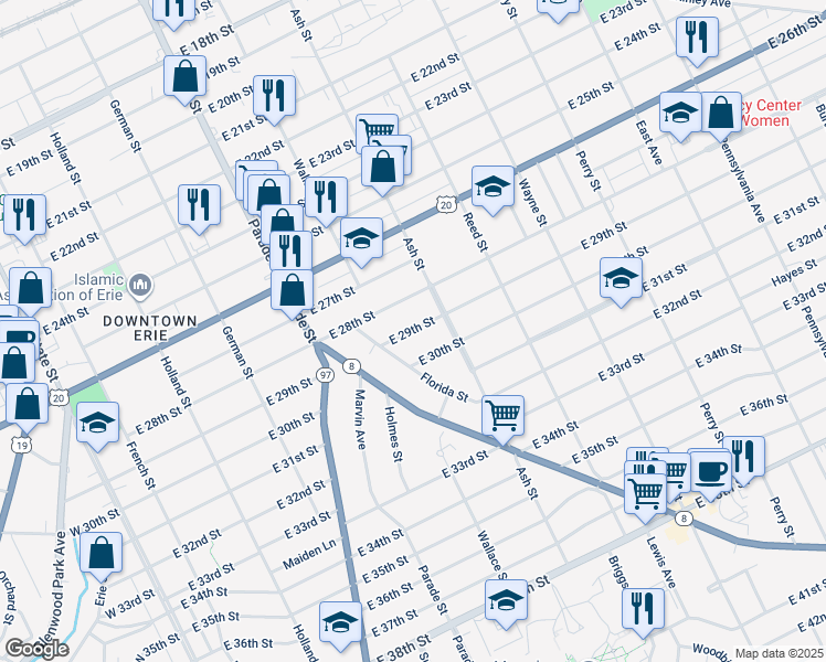 map of restaurants, bars, coffee shops, grocery stores, and more near 545-549 East 29th Street in Erie