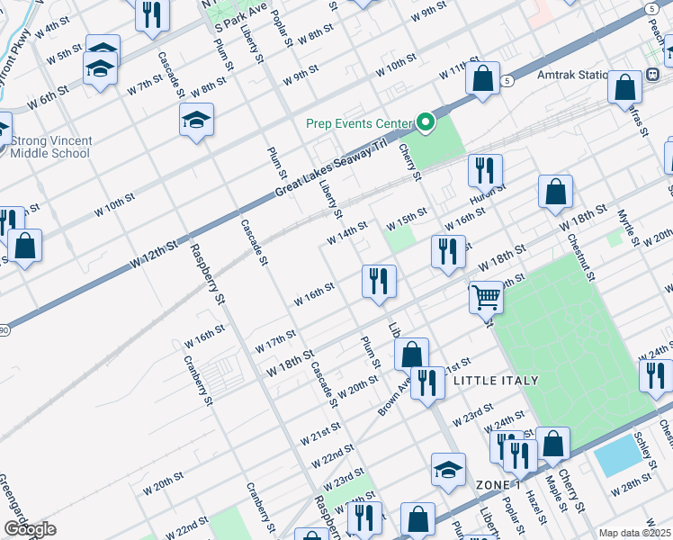 map of restaurants, bars, coffee shops, grocery stores, and more near 1519 Plum Street in Erie