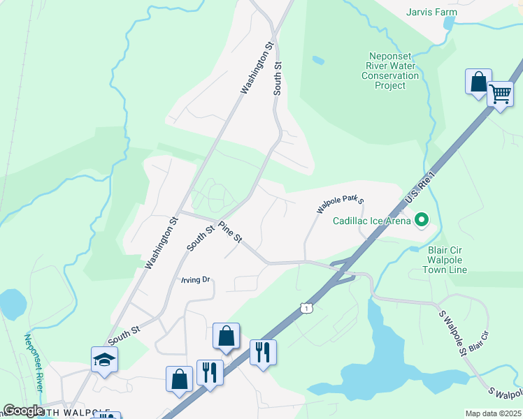 map of restaurants, bars, coffee shops, grocery stores, and more near 830 South Street in Walpole