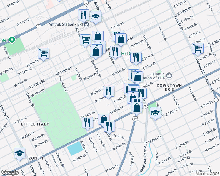 map of restaurants, bars, coffee shops, grocery stores, and more near 249 West 22nd Street in Erie