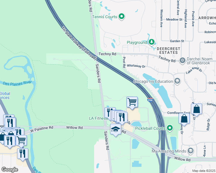 map of restaurants, bars, coffee shops, grocery stores, and more near 2215 Sanders Road in Northbrook