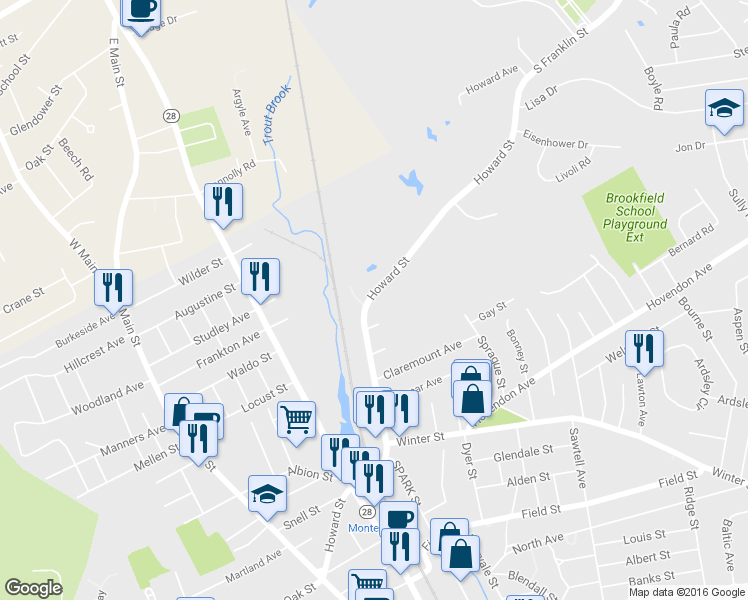 map of restaurants, bars, coffee shops, grocery stores, and more near 279 Howard Street in Brockton