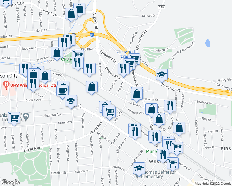 map of restaurants, bars, coffee shops, grocery stores, and more near 1 Tracy Street in Binghamton