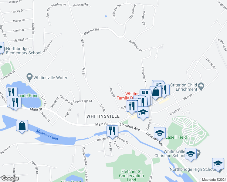 map of restaurants, bars, coffee shops, grocery stores, and more near 36 Pine Street in Northbridge
