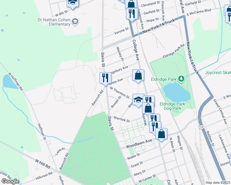 map of restaurants, bars, coffee shops, grocery stores, and more near 451 West Thurston Street in Elmira