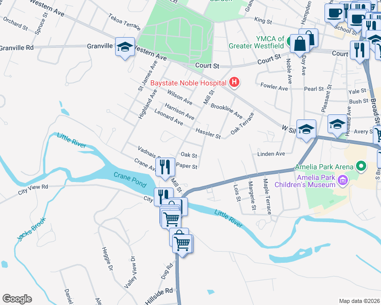 map of restaurants, bars, coffee shops, grocery stores, and more near 7 Oak Street in Westfield