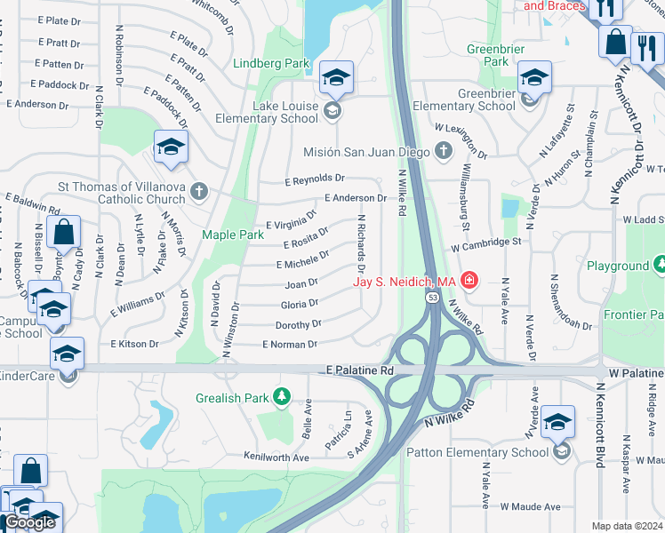map of restaurants, bars, coffee shops, grocery stores, and more near 1448 Joan Drive in Palatine