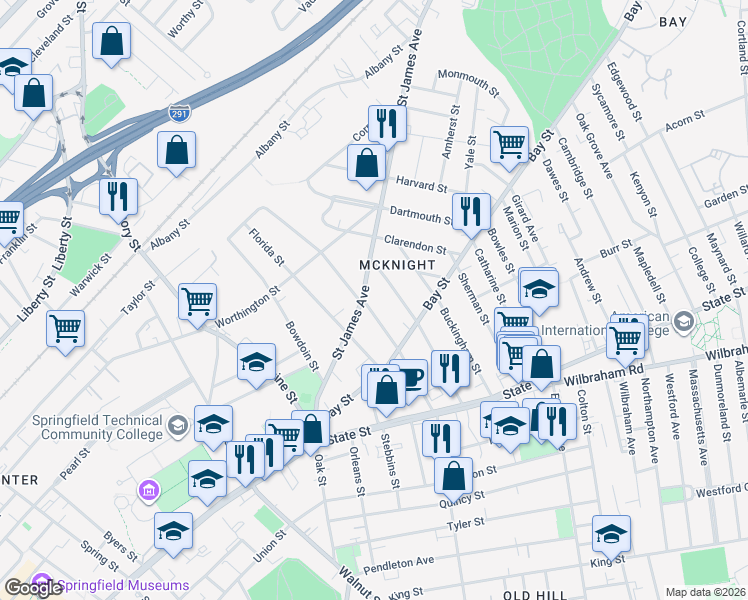 map of restaurants, bars, coffee shops, grocery stores, and more near 129 Thompson Street in Springfield