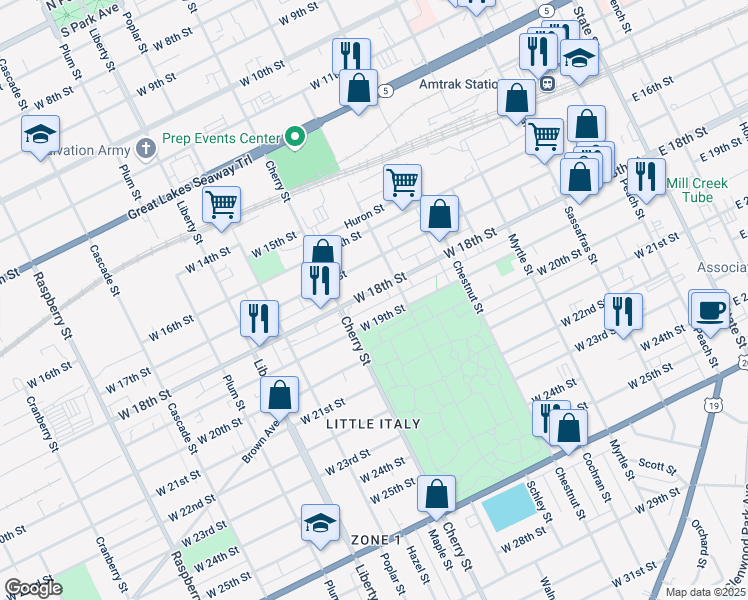 map of restaurants, bars, coffee shops, grocery stores, and more near 523 West 18th Street in Erie