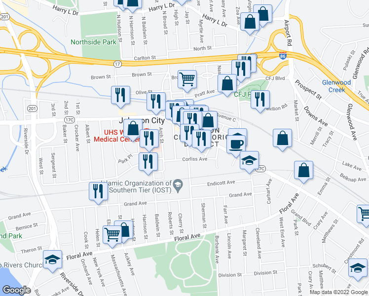 map of restaurants, bars, coffee shops, grocery stores, and more near 36 Willow Street in Johnson City