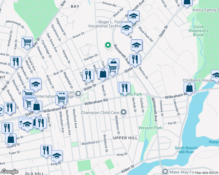 map of restaurants, bars, coffee shops, grocery stores, and more near 24 Dresden Street in Springfield