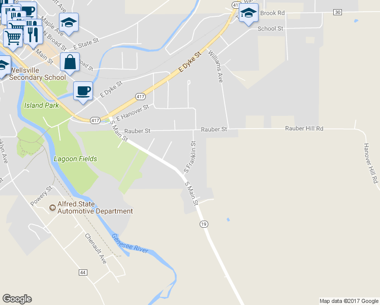 map of restaurants, bars, coffee shops, grocery stores, and more near 47 South Franklin Street in Wellsville