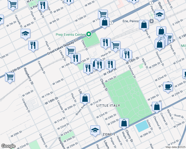 map of restaurants, bars, coffee shops, grocery stores, and more near 621 W 17th St in Erie