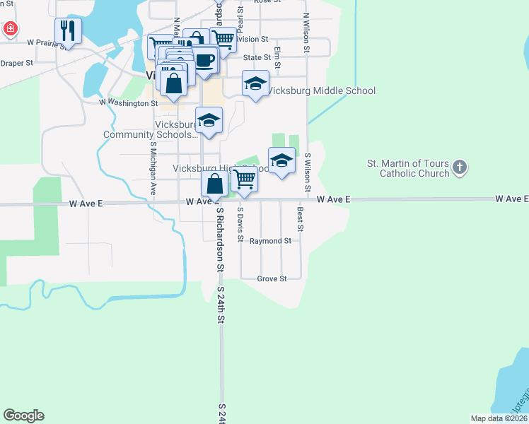 map of restaurants, bars, coffee shops, grocery stores, and more near 609 Adams Street in Vicksburg