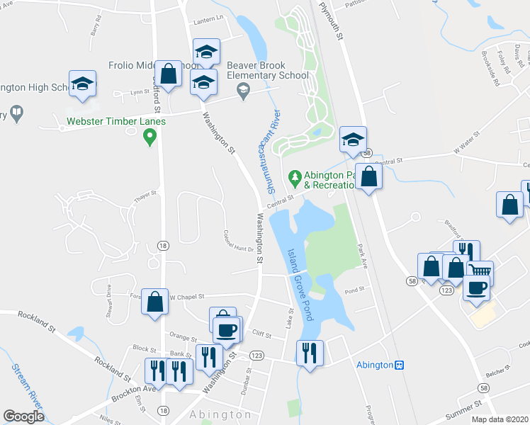 map of restaurants, bars, coffee shops, grocery stores, and more near 294 Central Street in Abington