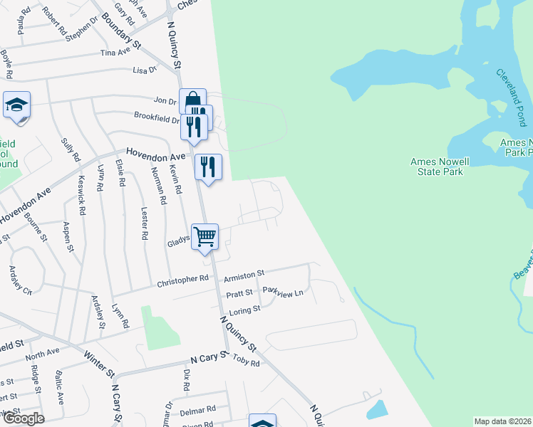map of restaurants, bars, coffee shops, grocery stores, and more near 321 Tamarack Lane in Abington