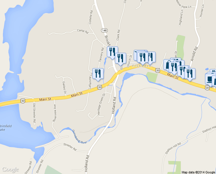 map of restaurants, bars, coffee shops, grocery stores, and more near 1 Commonwealth Avenue in Sturbridge