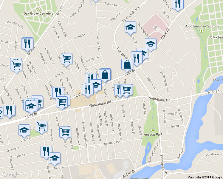 map of restaurants, bars, coffee shops, grocery stores, and more near 24 Dresden Street in Springfield