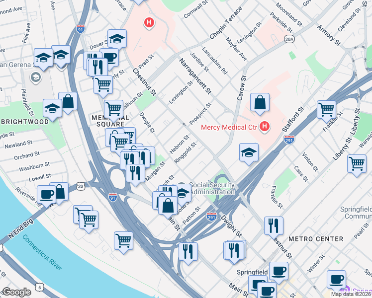 map of restaurants, bars, coffee shops, grocery stores, and more near 33 Hebron Street in Springfield
