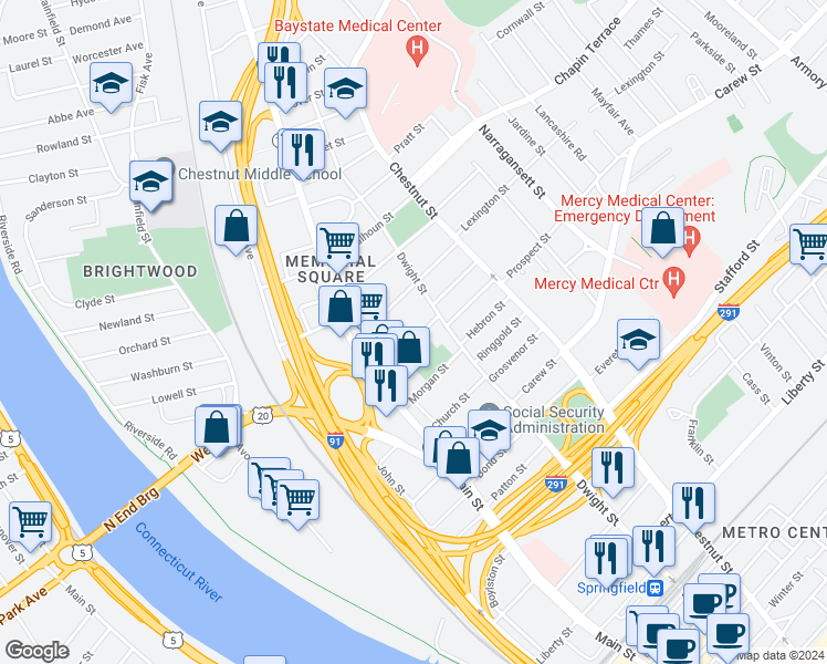 map of restaurants, bars, coffee shops, grocery stores, and more near 52 Osgood Street in Springfield