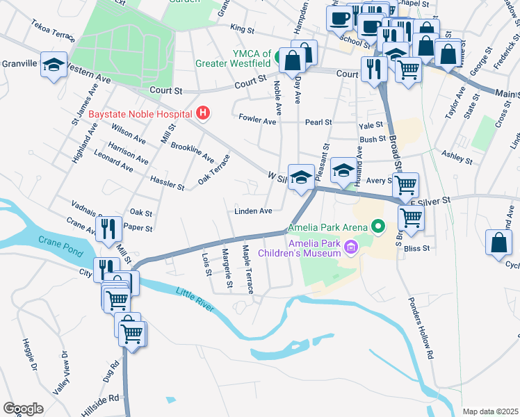 map of restaurants, bars, coffee shops, grocery stores, and more near 13 Myrtle Avenue in Westfield