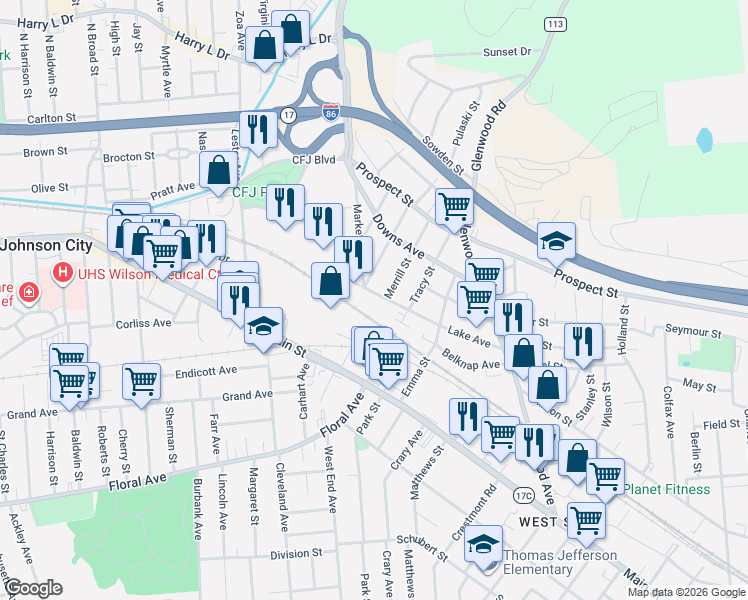 map of restaurants, bars, coffee shops, grocery stores, and more near 65 Lake Avenue in Binghamton
