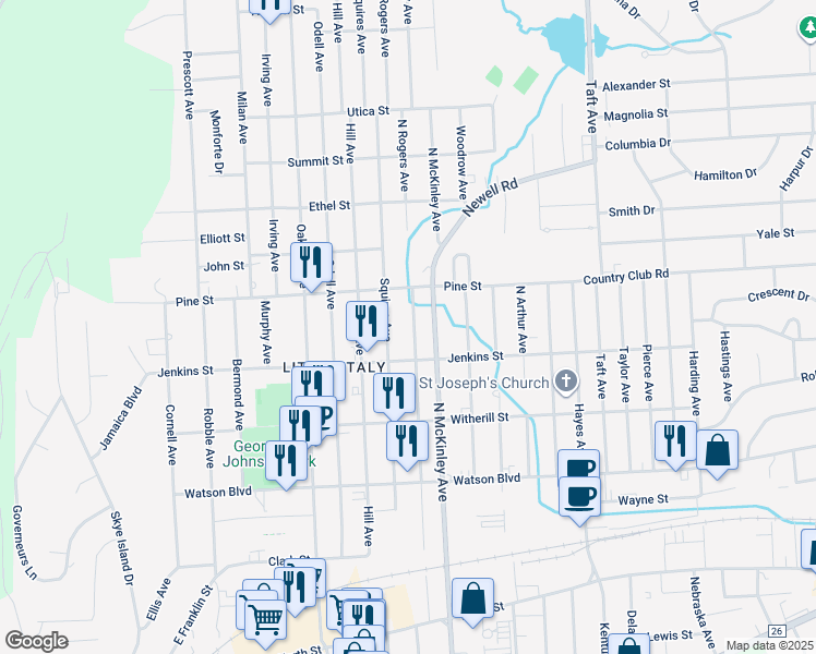 map of restaurants, bars, coffee shops, grocery stores, and more near 318 Squires Avenue in Endicott