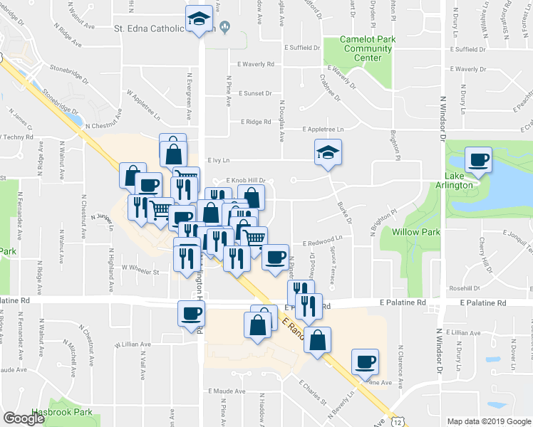 map of restaurants, bars, coffee shops, grocery stores, and more near 424 East Circle Hill Drive in Arlington Heights
