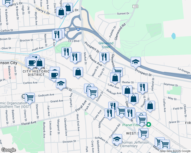 map of restaurants, bars, coffee shops, grocery stores, and more near 50 Lake Avenue in Binghamton
