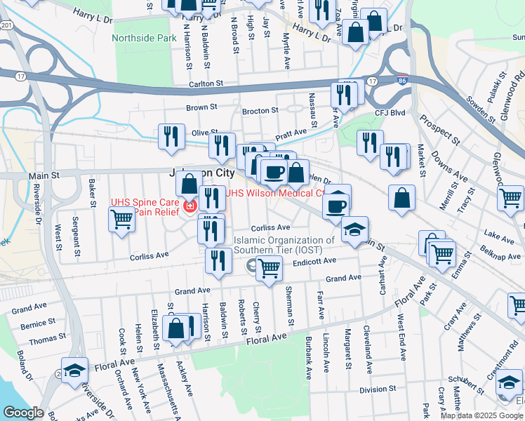 map of restaurants, bars, coffee shops, grocery stores, and more near 36 Willow Street in Johnson City
