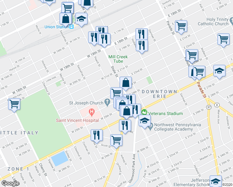 map of restaurants, bars, coffee shops, grocery stores, and more near 2303 Peach Street in Erie