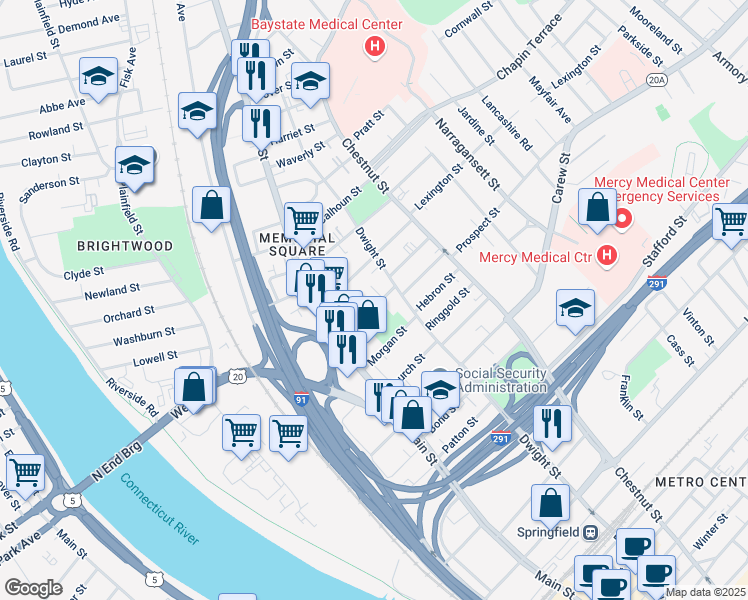 map of restaurants, bars, coffee shops, grocery stores, and more near 52 Osgood Street in Springfield