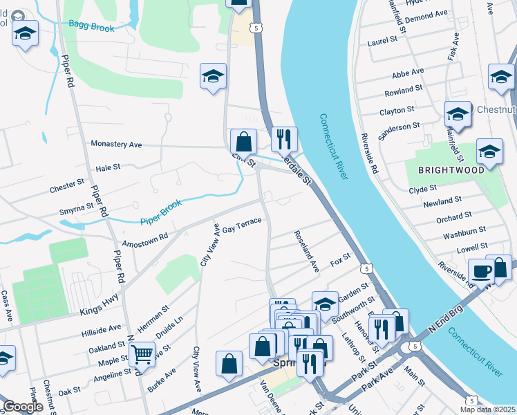 map of restaurants, bars, coffee shops, grocery stores, and more near 705 Elm Street in West Springfield
