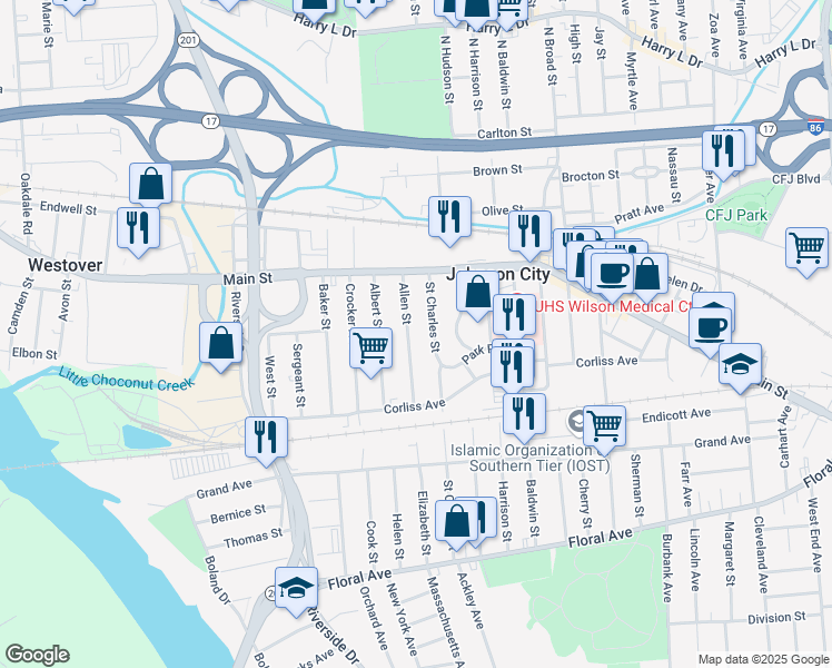 map of restaurants, bars, coffee shops, grocery stores, and more near 55 Allen Street in Johnson City