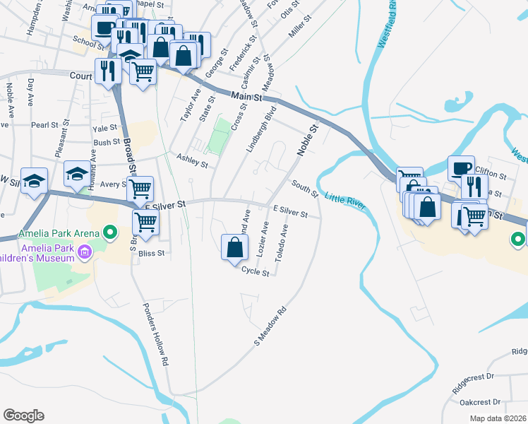 map of restaurants, bars, coffee shops, grocery stores, and more near 65 East Silver Street in Westfield
