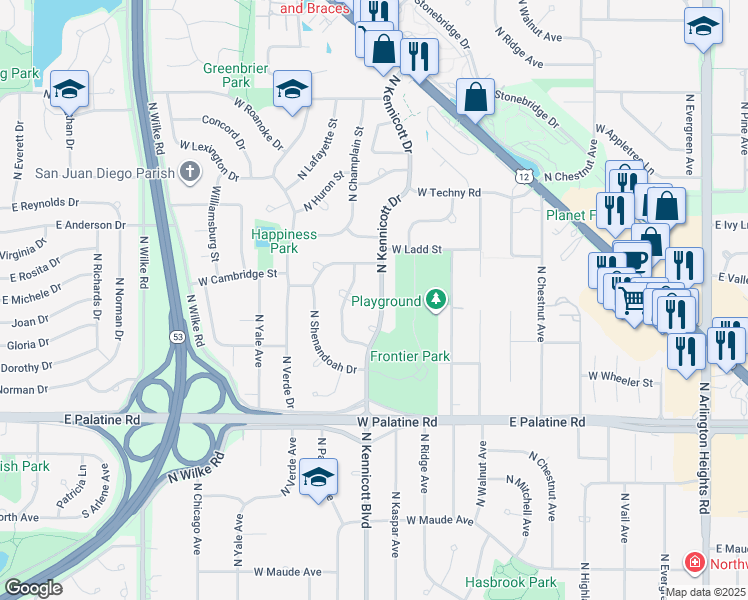map of restaurants, bars, coffee shops, grocery stores, and more near 2104 North Kennicott Drive in Arlington Heights