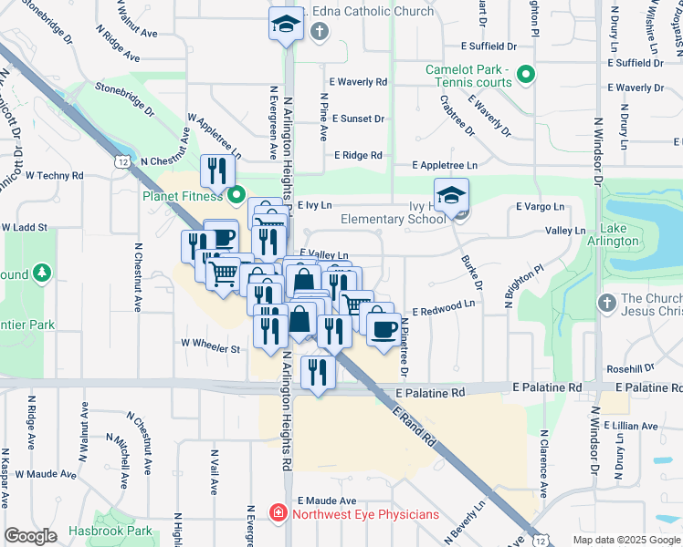 map of restaurants, bars, coffee shops, grocery stores, and more near 372 East Circle Hill Drive in Arlington Heights