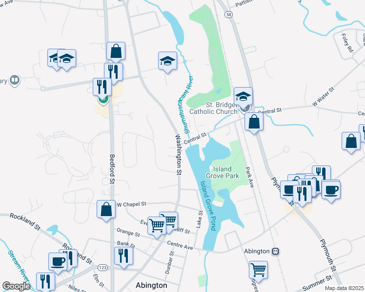 map of restaurants, bars, coffee shops, grocery stores, and more near 294 Central Street in Abington