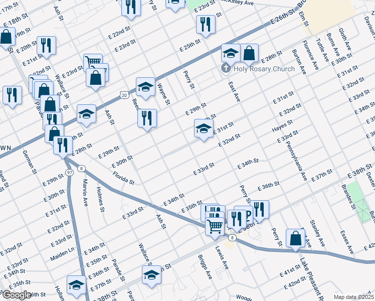map of restaurants, bars, coffee shops, grocery stores, and more near 751 East 31st Street in Erie