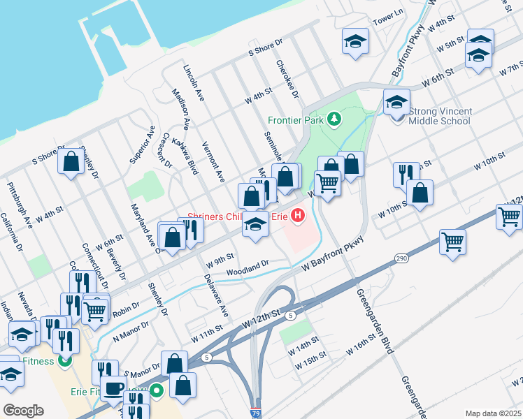 map of restaurants, bars, coffee shops, grocery stores, and more near 720 Lincoln Avenue in Erie