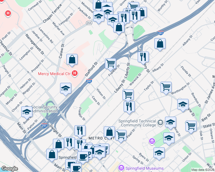 map of restaurants, bars, coffee shops, grocery stores, and more near 38-40 Webster Street in Springfield