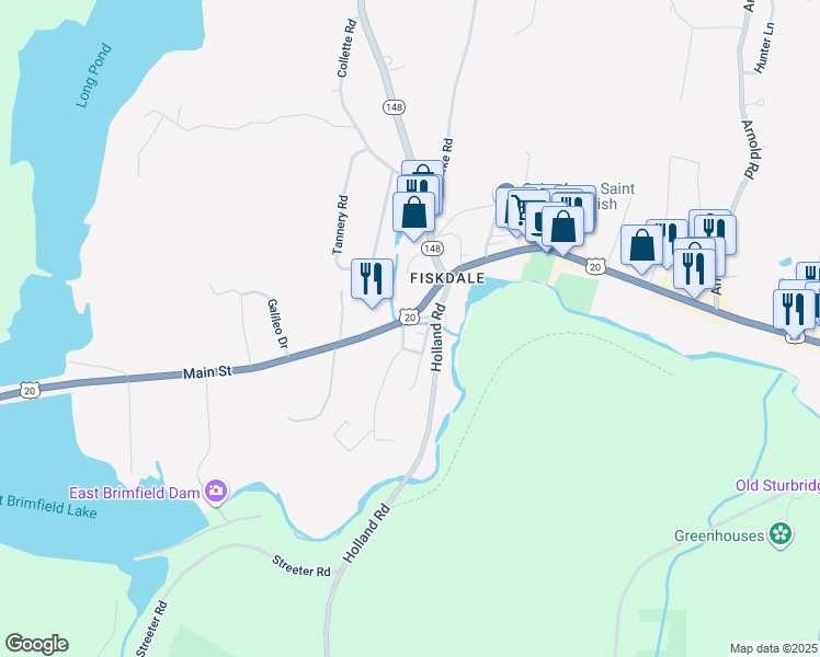 map of restaurants, bars, coffee shops, grocery stores, and more near 1 Commonwealth Avenue in Sturbridge