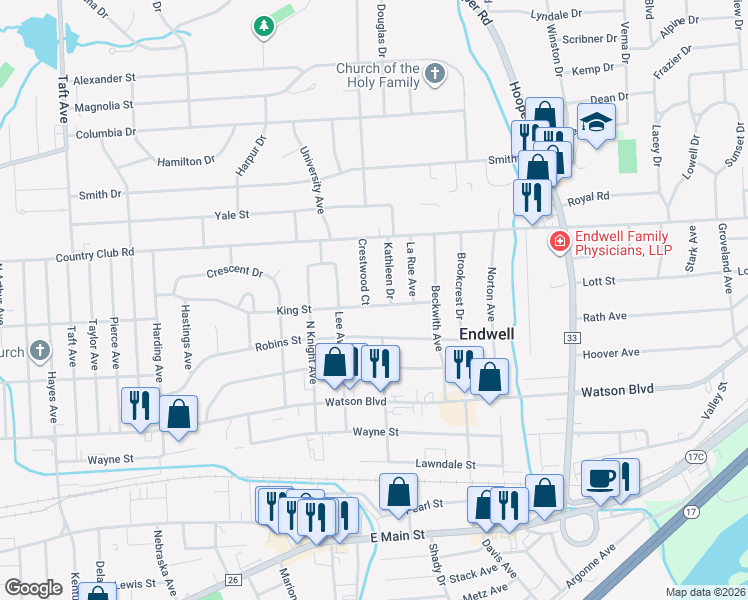 map of restaurants, bars, coffee shops, grocery stores, and more near 3111 King Street in Endicott